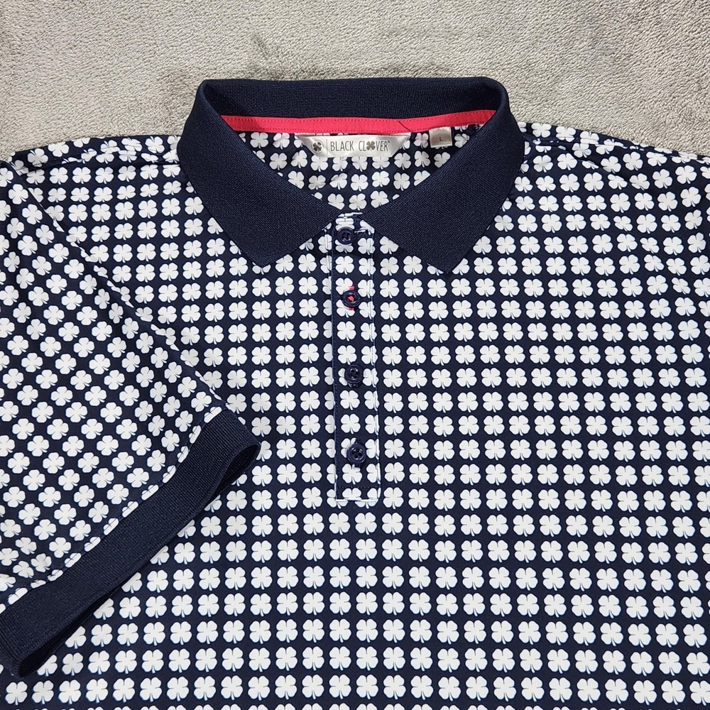 Black Clover Polo Shirt Mens Large Blue Clover Print Golf Performance Stretch